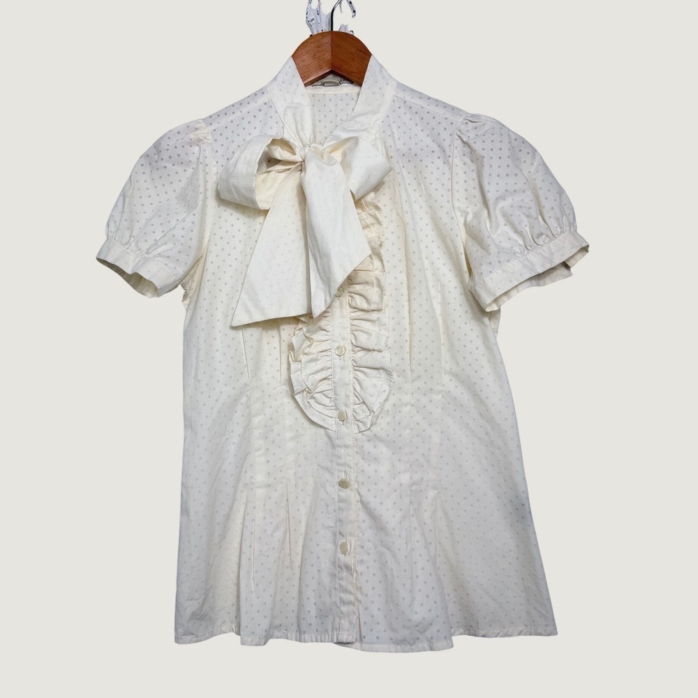 Twentyone Blouse S Cream Swiss Dot Bow Neck Ruffle Front Puff Sleeve Victorian